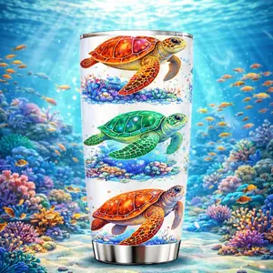 AuraCup 1pc 20oz Stainless Steel Insulated, Thermal Tumbler with Lid, Colorful Sea Turtle Ocean Design Travel Cup, Valentine’s Day Gift, Birthday and Holiday Gift, Home Kitchen Supplies, Theme Event Decoration, Drinkware