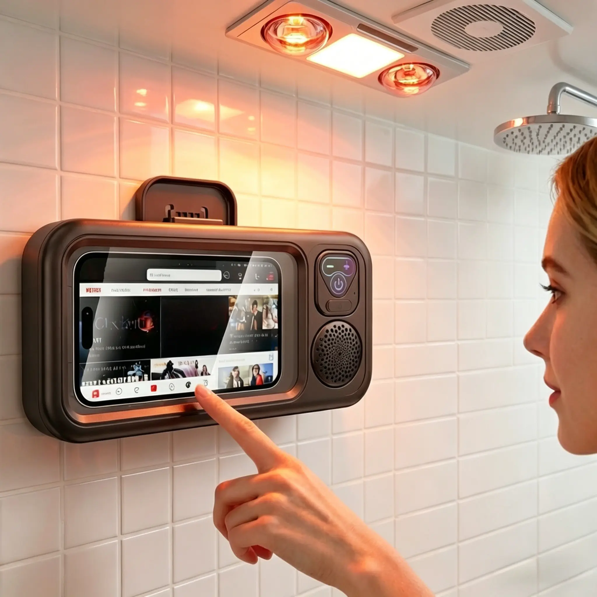 Shower Wall Mount Phone Case with Bluetooth Speaker, IPX7 Waterproof Touch Screen 360° Rotation Phone Holder for Bathroom