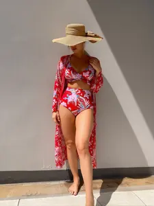 Women's 3-Piece Tropical Print Floral Bikini Set - Sunscreen Rash Guard Blouse, Cutout Split Tankini, Solid Color Boxer Short Bottoms, Modest Bohemian Silk Design with Plain Metal Decor