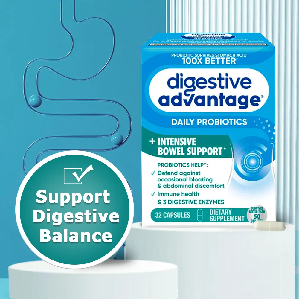 Digestive Advantage Intensive Bowel Support Dietary Supplement for Adults - 32 Vegetarian GMO-Free US Capsules with Digestive Enzymes, Gut Support Probiotics, Bloating & Gas Relief, 100x More Survivable Than Standard Options
