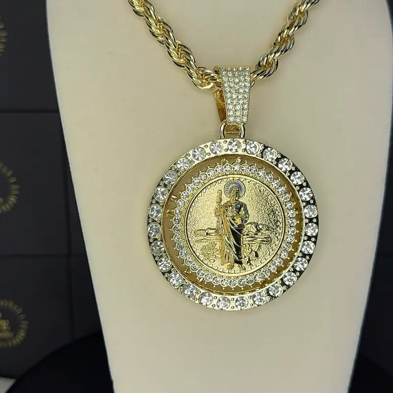 Gold Plated Saint Jude Roulette Religious Pendant Necklace - 24-in Textured Rope Chain Accent, Gold Chain Necklaces for Festive & Daily Wear, Religious Pendant Necklaces