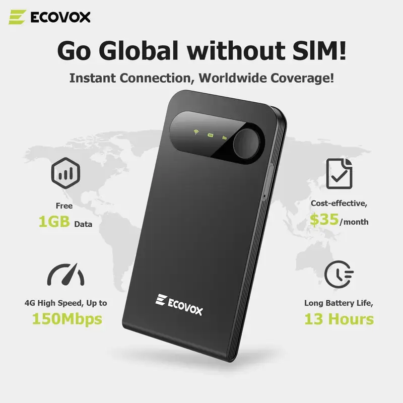 ECOVOX Global 4G LTE Portable WiFi Hotspot Pocket Router with USB-C, Multi-Carrier Support, 150Mbps, FCC Certified, 86g Lightweight, Free 1GB Data for Travel & Road Trips
