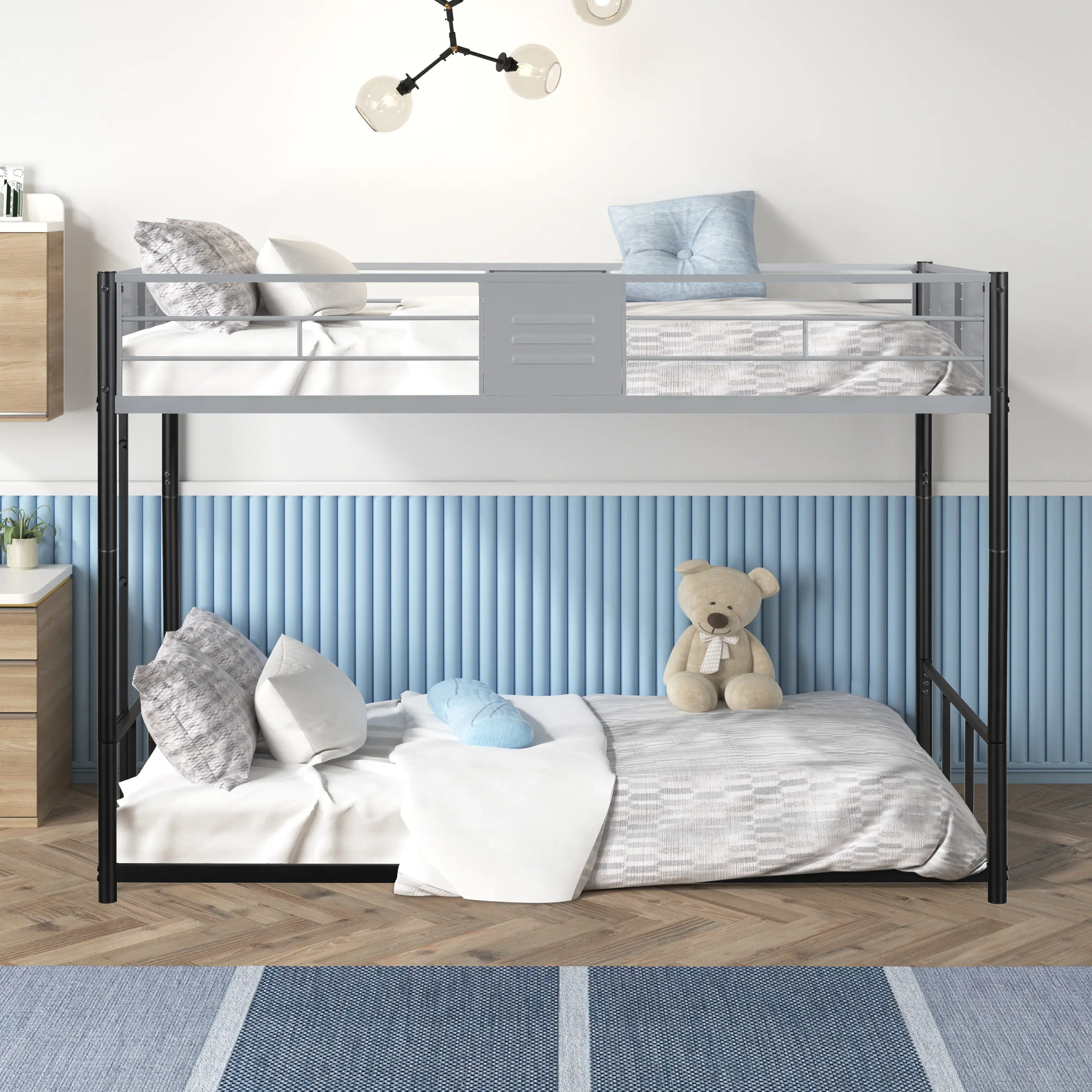 Dreamzon Furniture Metal Twin-Over-Single Bunk Bed - Full-Length Vent Board, Heavy-Duty Sturdy Metal Frame, Silent Noise-Reduced Design, Full-Length Secure Safety Guardrail, CPC Certified, Wood Accents, Assembly Required