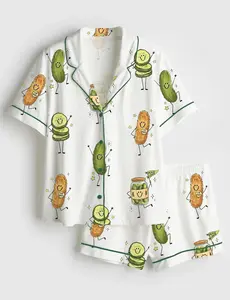 Happy Pickle Satin Pajamas, Cute Smiling Characters Loungewear, Whimsical Fried Pickle Lover Gift, Silky Short Sleeve Sleepwear Set
