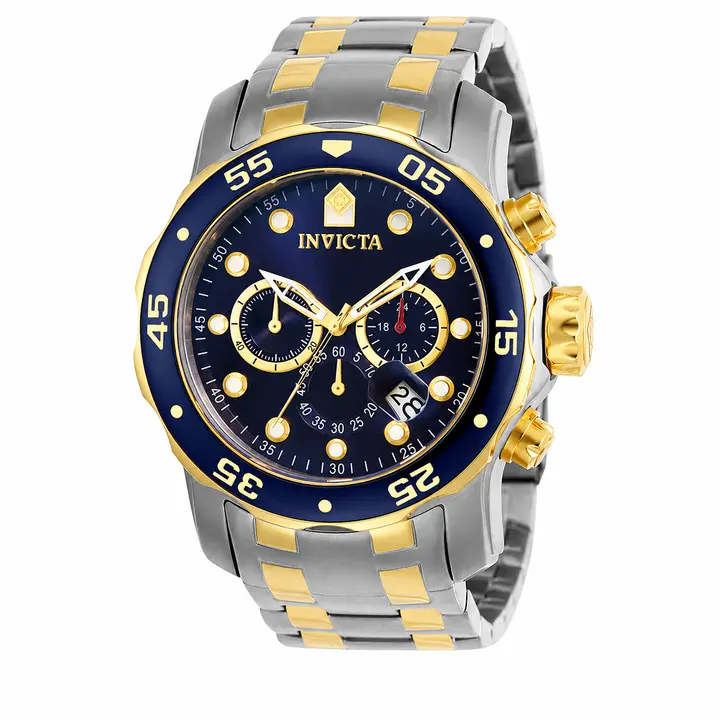 Invicta Pro Diver Scuba 47mm Men's Chronograph Watch Two Tone Stainless Steel Gold Center Link Bracelet Blue Sunray Dial Blue Bezel Gold Numerals Japanese Quartz Screw Down Crown Flame Fusion 200m Dive Water Resistant Classic