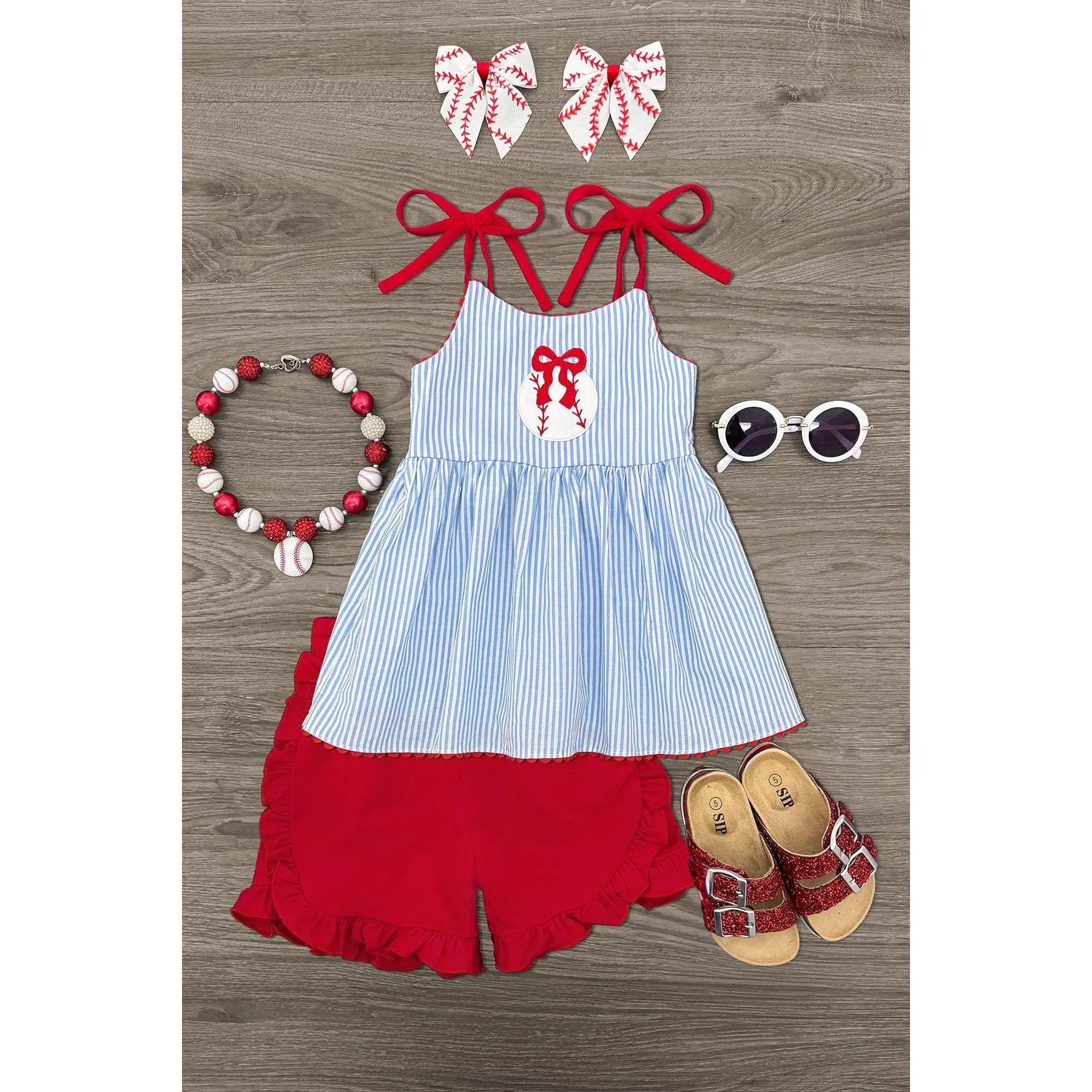 Girls' Summer Short Set, Cute Blue & Red Striped 2-Piece Outfit with a Baseball Graphic Tank Top and Ruffle Shorts, Striped Sets, Clothes, Sleeveless, 4T, 3T, Ruffled Shorts