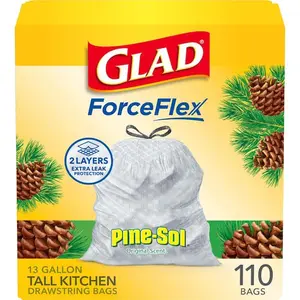 Glad 13 Gal. ForceFlex Tall Kitchen Drawstring Pine-Sol Original Scent Trash Bags (110-Count), , 13 Gallon Trash Bags Bulk, OdorShield Technology, RipGuard Technology, Heavy Duty Kitchen Bags, Large Pack Trash Bags, Commercial Size Trash Bags.