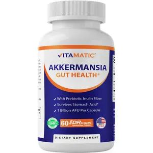 Vitamatic Akkermansia Muciniphila Gut Health 60 DR Capsules Delayed Released with Prebiotic Fiber Non-GMO Gluten Free Dietary Probiotic Supplement