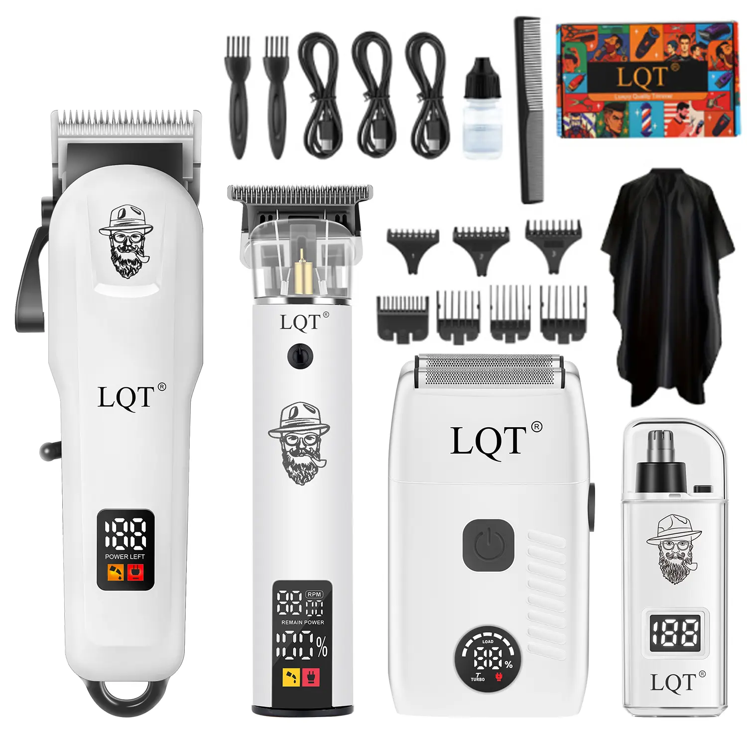 LQT 4-in-1 White Cordless Hair Clippers Set for Men, Professional Barber Grooming Kit with Hair Clipper, T-Blade Trimmer, Foil Shaver & Nose Hair Trimmer, LED Digital Display Complete full Hair Cutting Tools  & Barber Cape for Home Salon