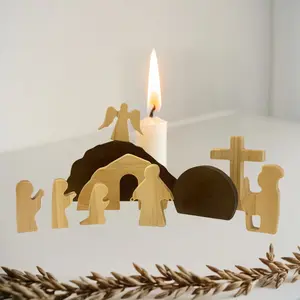 Wooden Christian Easter Empty Tomb Cross Scene Decor, Handmade Hollow Tomb and Cross Set, Angel and Figure Silhouettes, Religious Holiday Decoration
