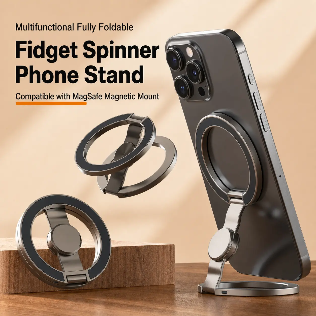 Foldable Magnetic Phone Holder Stand, MagSafe Compatible 360° Rotating Metal Kickstand with Dual Magnetic Mount, Adjustable Desk Car Wall Phone Stand for iPhone Smartphones