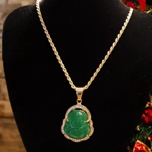 Gold Jade Buddha Necklace - 18K Gold Layered Rope Chain with 2-inch Extender, Waterproof & Hypoallergenic Buddhist Deity Pendant Jewelry