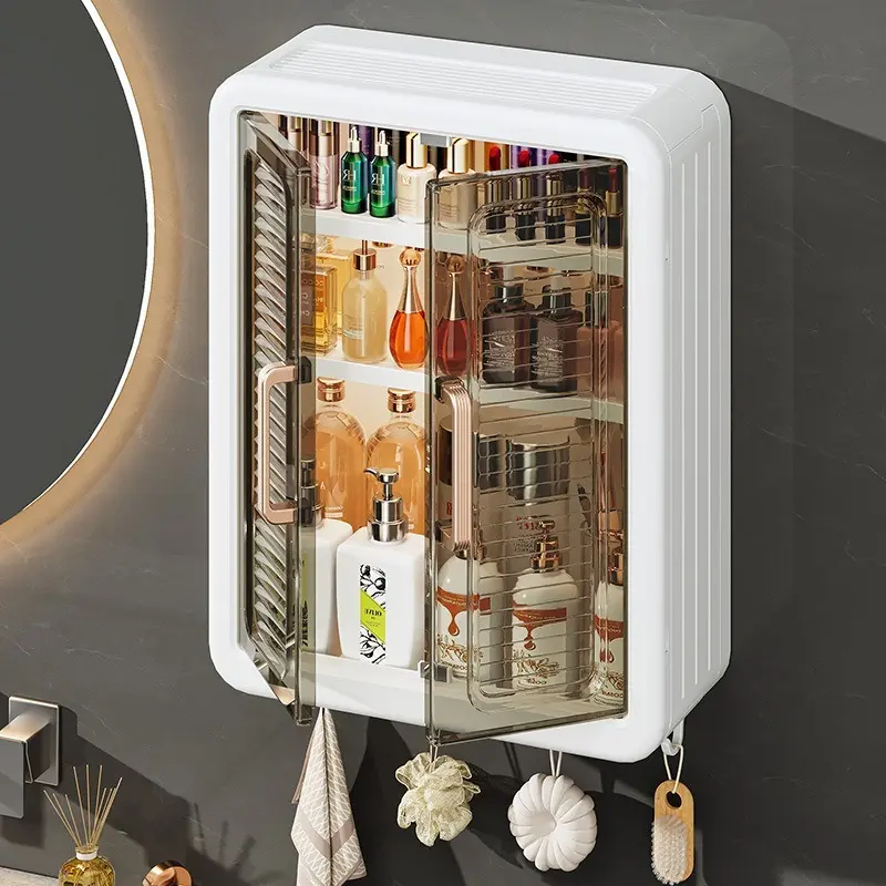 One Wall Mounted Cosmetics Storage Box, Makeup Organizer Box, Adopts A Double Door Design, with Multiple Layers of Layered Shelves, Supporting Both Wall Mounted and Countertop Use, and Can Classify and Store Cosmetics, Skincare Products, and Toiletries
