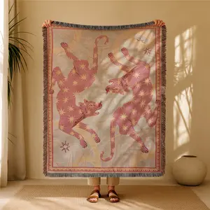 Pink Panther Bohemian Yarn Jacquard Woven Blanket with Tassel, Thick Soft Washable Blanket, Used for Home Decor Sofa Chair Bed Tapestry Tablecloth Floor Garden Picnic Outdoor Camping