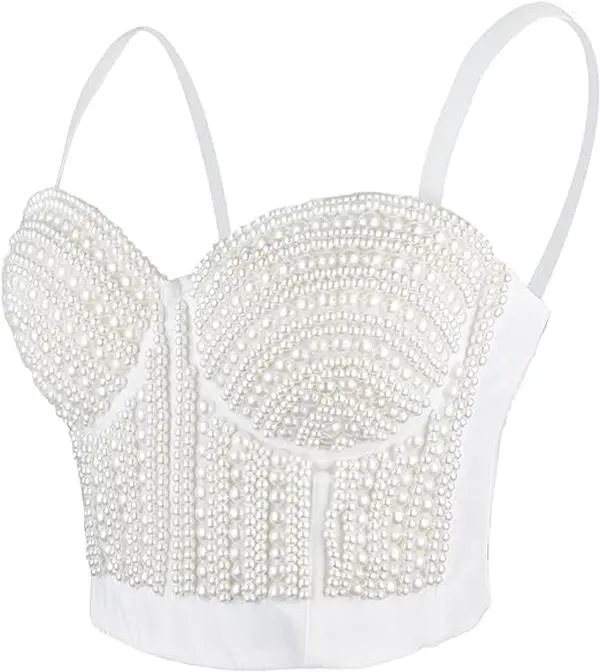 "Dazzling White Beaded Pearl Embellished Lace Corset Bra with Delicate Detailing for a Timelessly Elegant Look