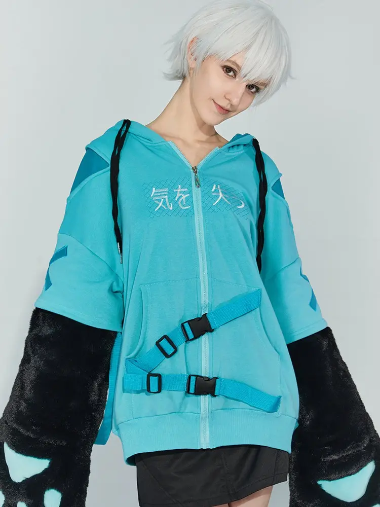 micotaku Women's Cute Kitten Zip-Up Hoodie, Cotton Top with Detachable Furry Paws, Straps, Embroidered Tail, and Hair Accessories, Casual, Tops, Sweaters