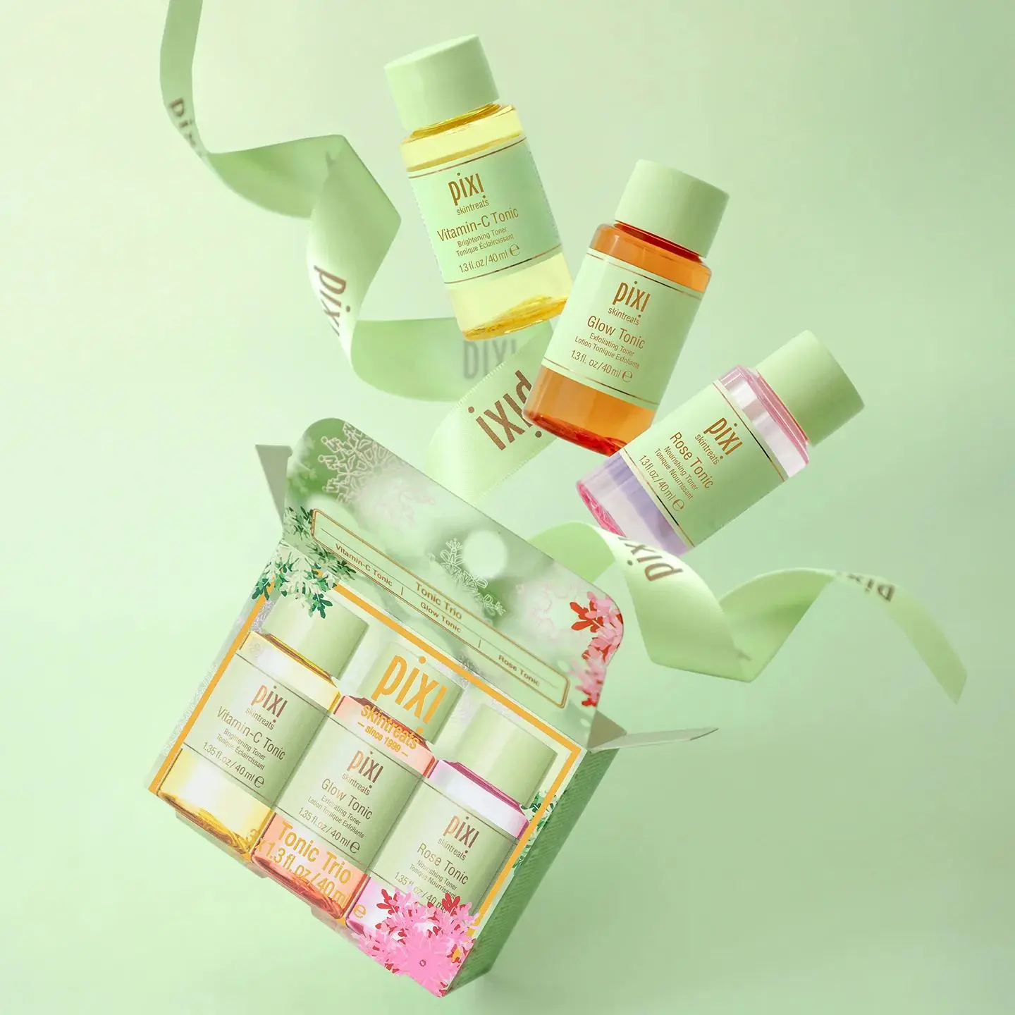 Pixi Tonic Trio Kit - Glow Rose, Vitamin-C Tonics with Glycolic Acid, Ginseng - Exfoliating, Hydrating Skincare for Redness Relief - Festive Gifting, Travel Set