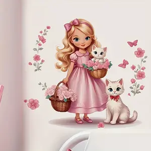 Cute Dress Girl Cat Wall Sticker, Self-Adhesive PVC Decorative Interior Decor for Living Room Kitchen Dining Bedroom, Removable Art Decal