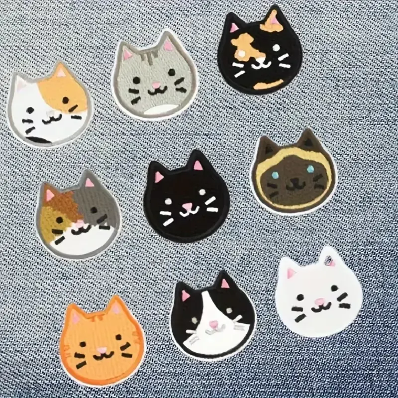 Cute Cat Head Embroidery Patches Set of 9, Back Adhesive Iron-On, Perfect for Clothes Jackets Hats Accessories