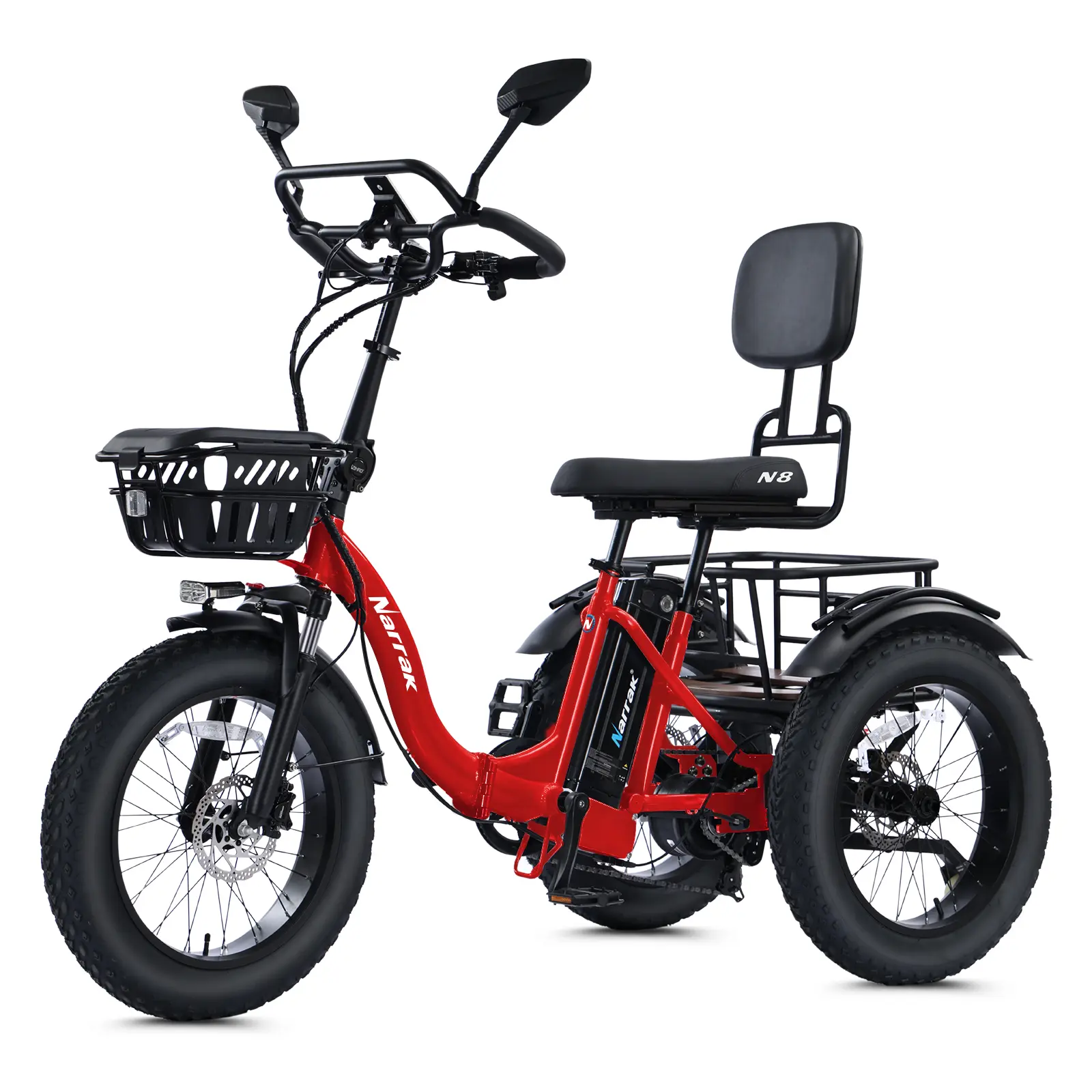 Foldable Electric Trike, 1100W Peak Motor, 48V 13AH Battery, 50 mi Range, Shimano 7-Speed 18x3.0" Fat Tires, Adjustable Seat & Handlebars for All Heights, 298LBS Max Load, Front & Rear Baskets, 1-Year Warranty