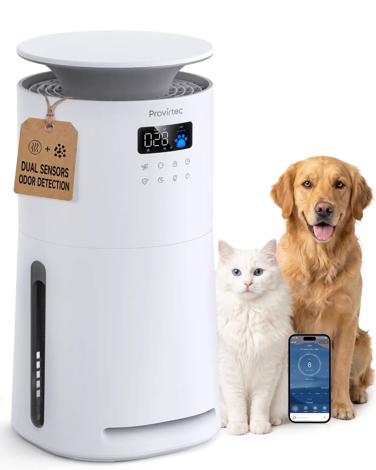 Provirtec Pawtent Ultra Air Purifier for Pets, 2000 ft²/h Large Room HEPA Cleaner with OdorSense Tech, App+Voice Ctrl, Odor Removal, 2-Year Filter Set, US Plug, Smoke Removal (Limited Stock)