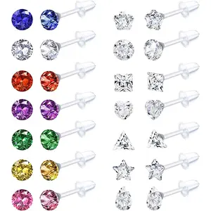 Florideco 14 Pairs Clear Plastic Stud Earrings for Women & Girls, Acrylic Star & Heart Rhinestone Earrings, Ear Piercing Retainers,summerwins