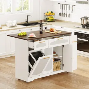 Garvee Rattan Rolling Kitchen Island Table on Wheels with Drop Leaf, Tilt Out Cabinet, 2 Doors, 2 Drawers, Spice Rack, and Storage, 53.1" Wide, White Kitchen Cart