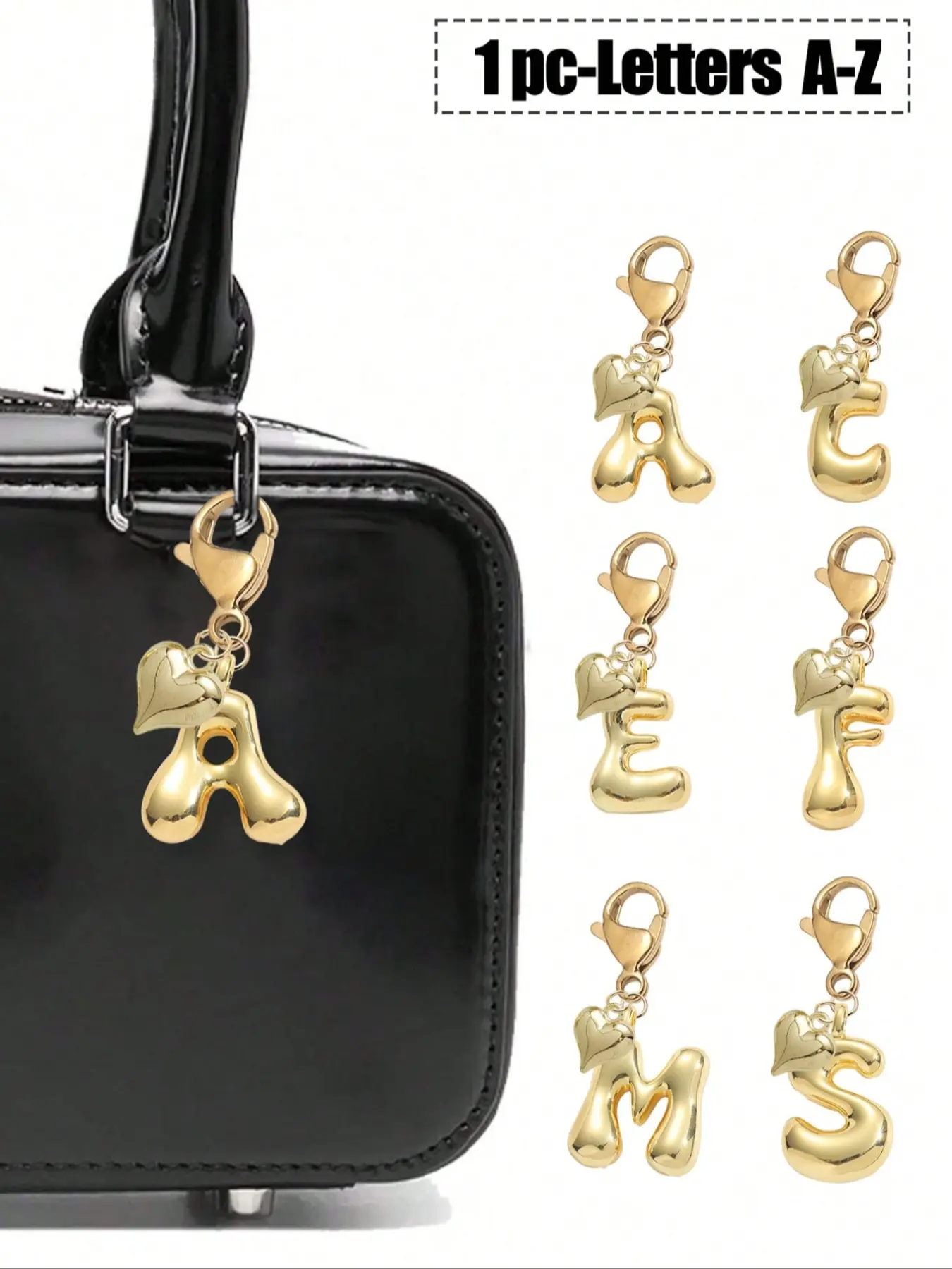 Bubble Letters Cute Chubby Bag Pendant, Lucky Pendant With Golden Heart Pendant, Alphabet Letters A-Z, Bag And Backpack Pendant, Bag Charms, Bag Accessory, Perfect Gift For Birthdays, Valentine's Day And Special Occasions