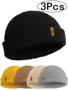 3Pcs-Beanie Hat Knit Ski Cap Fisherman Beanie for Men Women‘s solid color knitted hat jewelry accessories