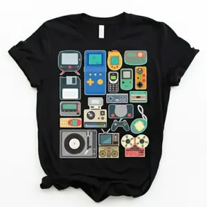 Women's Casual Round Neck T-Shirt - Unisex Soft Cotton Short-Sleeve Top, Vintage Tech & Gaming Console Graphic, 80s-90s Nostalgic Teddy Print, Unique Gift for Tech Enthusiasts