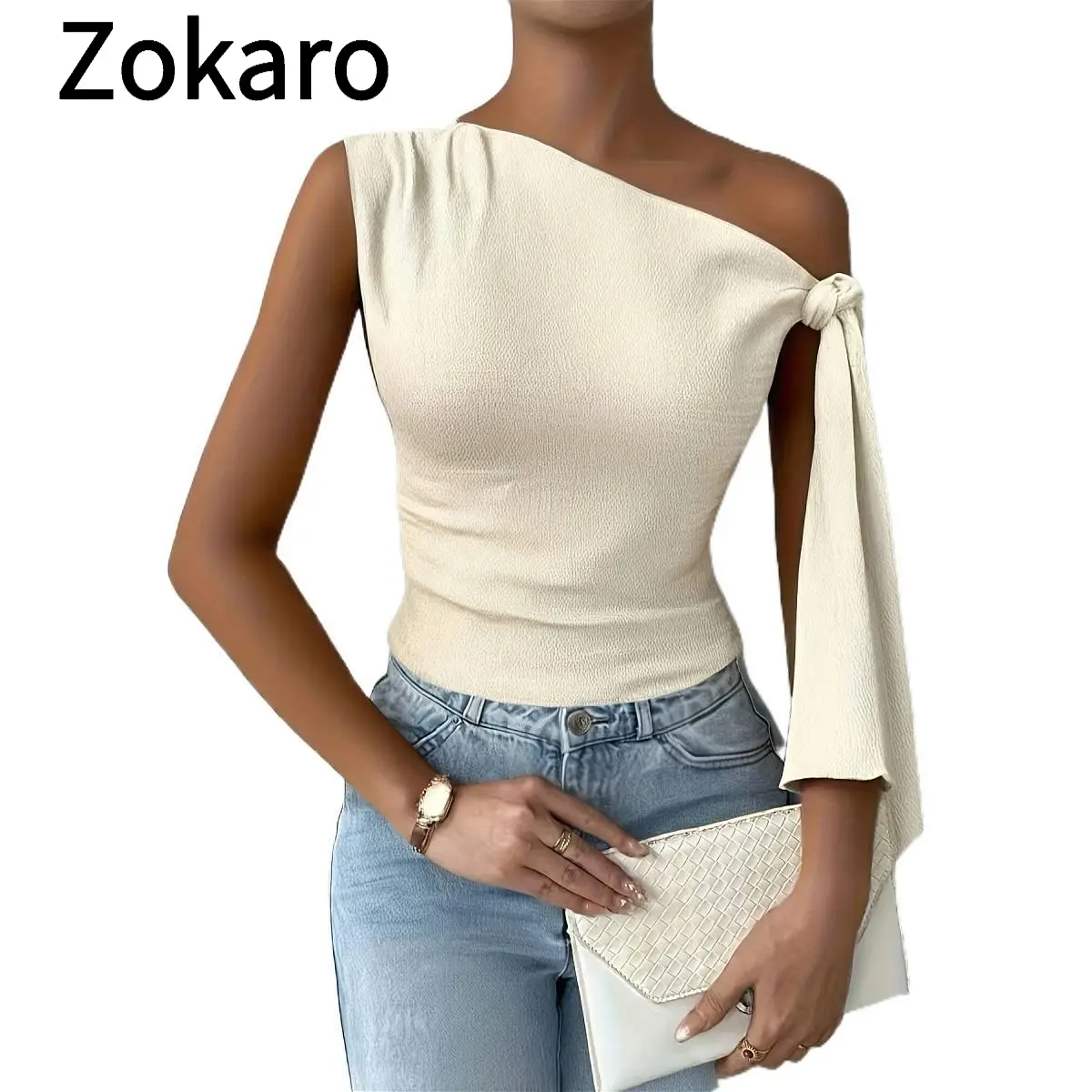 Elegant Asymmetric Neckline Top for Women - Slim Fit Beige Blouse Perfect for Parties, Weddings, Summer Vacations, and Date Nights, Cozy Casual Outfit for Romantic Evenings, Trending Fashion