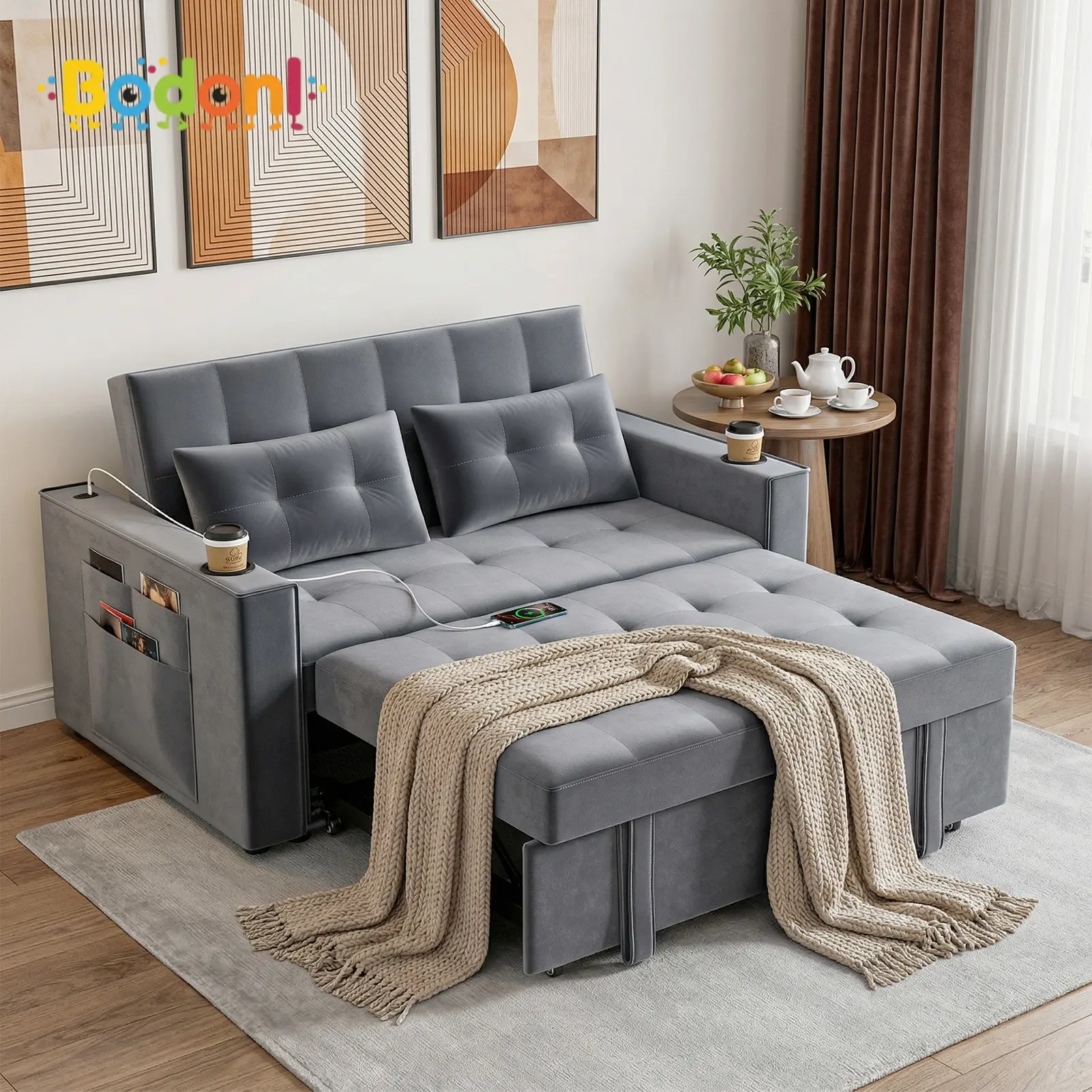 Bodoni 3-In-1 Convertible Velvet Sofa Bed - 2-Seater Comfy Couch, Adjustable Backrest, Cup Holders, Side Pockets, USB Ports, 2 Pillows, Grey Davenport with 3 in 1 Design for Living Room Smart Furniture, Charging Station, Two-Seater