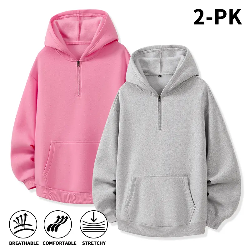 Men 2 Pack Quarter Zip Hoodies with Kangaroo Pocket, Warm Soft Stretchy Half Zip Hooded Sweatshirts, Loose Long Sleeve Tops, Ideal for trendy young guys for daily fashion outfits, Autumn Winter Street Style Outfits elastic cuff color contrast patchwork
