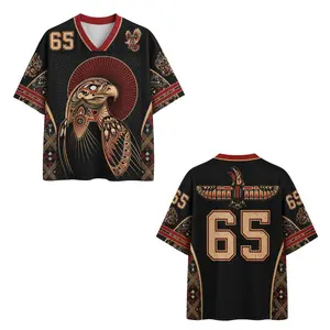 Eagle Tribal Jersey, Vintage Black Red Gold Sports Shirt, Native Inspired Graphic Mesh Jersey, Custom Number 65 Tee
