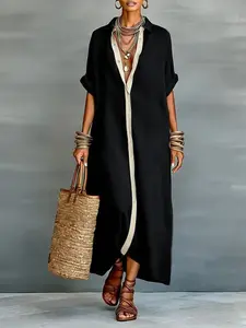 Loose Fit Short Sleeve Patchwork Notch Neck Summer Long Dress, Button Pocket Design, Chic Stylish and Comfortable, Perfect for Everyday Casual Wear