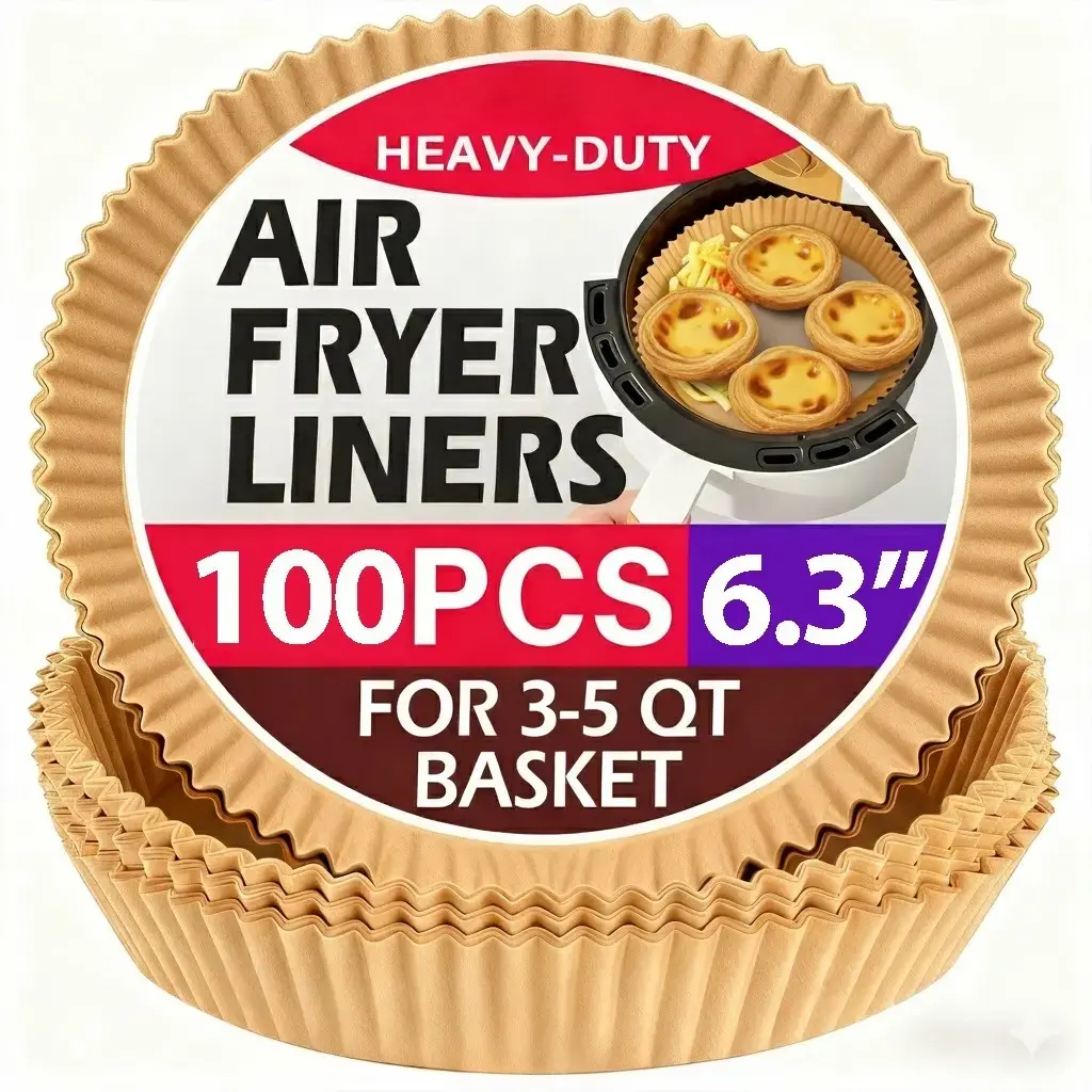 Disposable Compostable Food-Grade Parchment Paper Air Fryer Liners - Heavy-Duty, Non-Stick, Oil-Resistant Round Shape for 5-8 QT Round Bake & Cook Pan, Roaster, Cooking (Home Supplies Disposable Tableware)