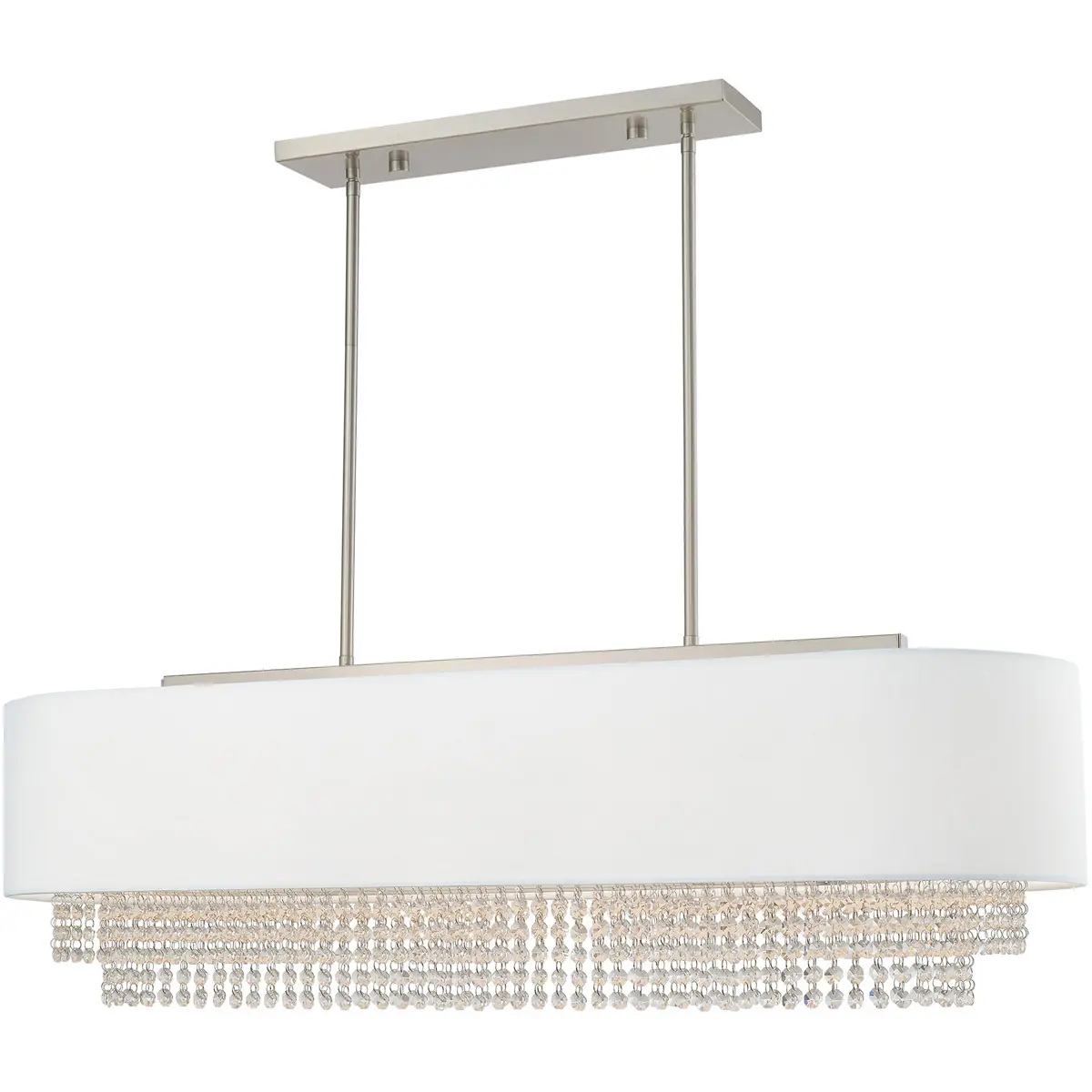12.25 inch 5 Light Brushed Nickel Linear Chandelier with Clear Crystals/ Hand Crafted Off-White Fabric Hardback Shade