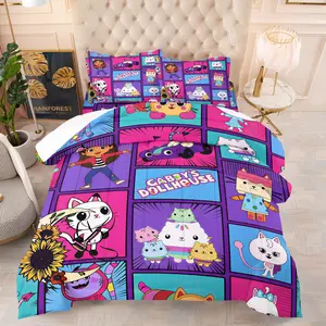 Comic Style Gabby's Dollhouse Quilted Comforter Set, Includes One Comforter and 1/2 Pillowcases, Cartoon Character Print Kids Warm Quilt Core, Machine Washable Soft Bedding