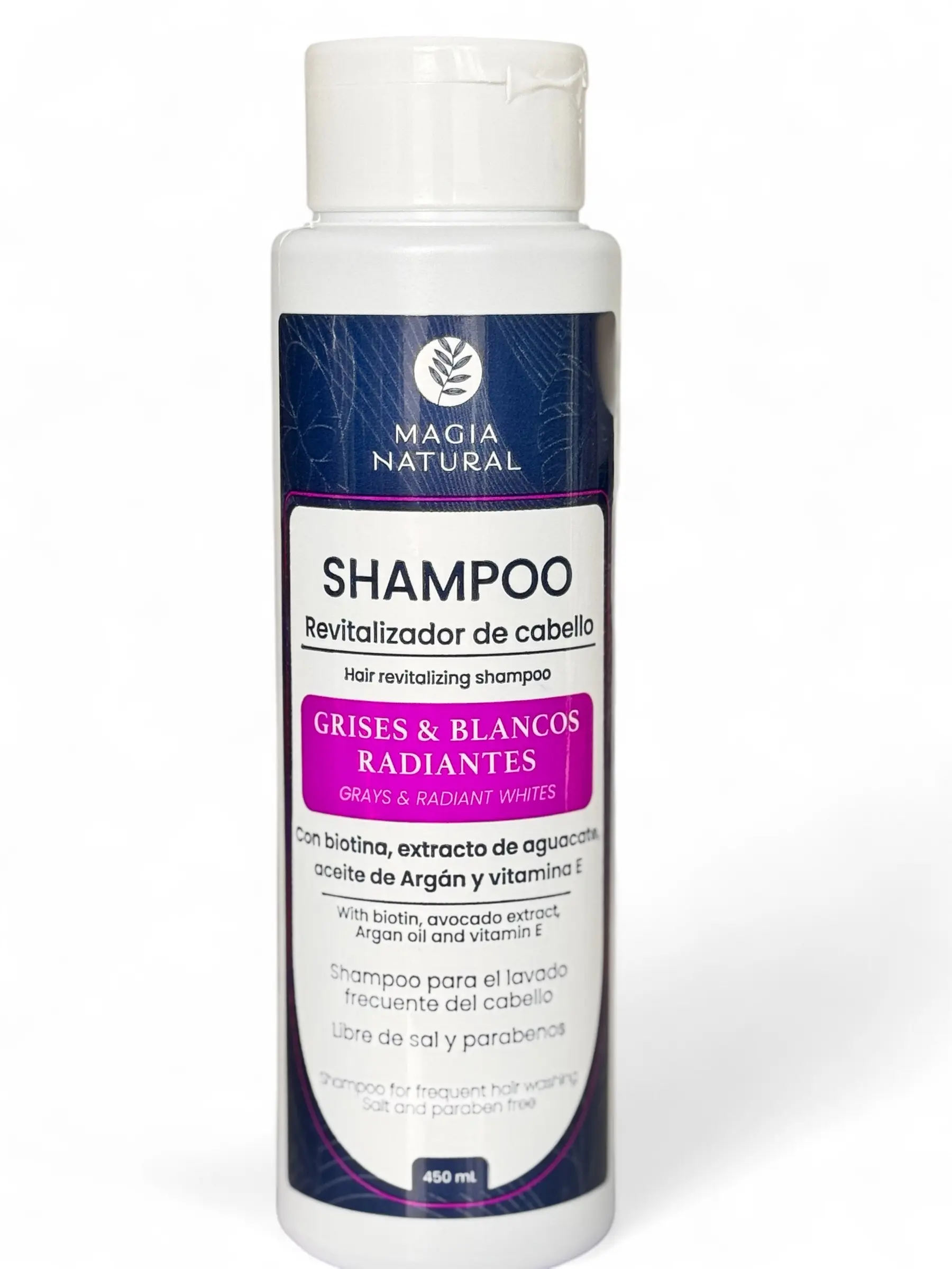 Revitalizing shampoo for grey hair and radiant whites, Magia Natural Biotin Infused, Avocado Extract Argan oil, Paraben and Salt free. Conditioner Haircare