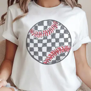Vintage Baseball Tee Retro Checkered Baseball Sweatshirt Checkerboard Game Day Sports Top Unisex Casual Sports Mom Crewneck