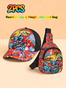 2PCS Boys' Baseball Cap & Crossbody Bag Set, Dinosaur Skateboard Graffiti Pattern Sun Hat, Bold Dinosaur Skateboarding Graffiti Pattern Crossbody Purse, Suitable for Spring & Summer Travel, Ideal Gift for Kids