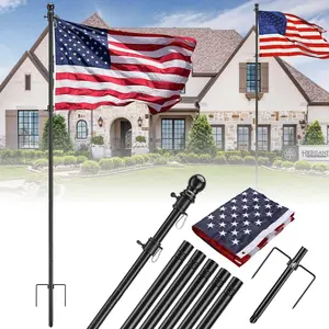 Barcetine Flag Pole Kit for Outdoor House Underground with Two Base Adjustable Metal Outdoor Patio Under House Set with 3×5ft US Polyester Banners