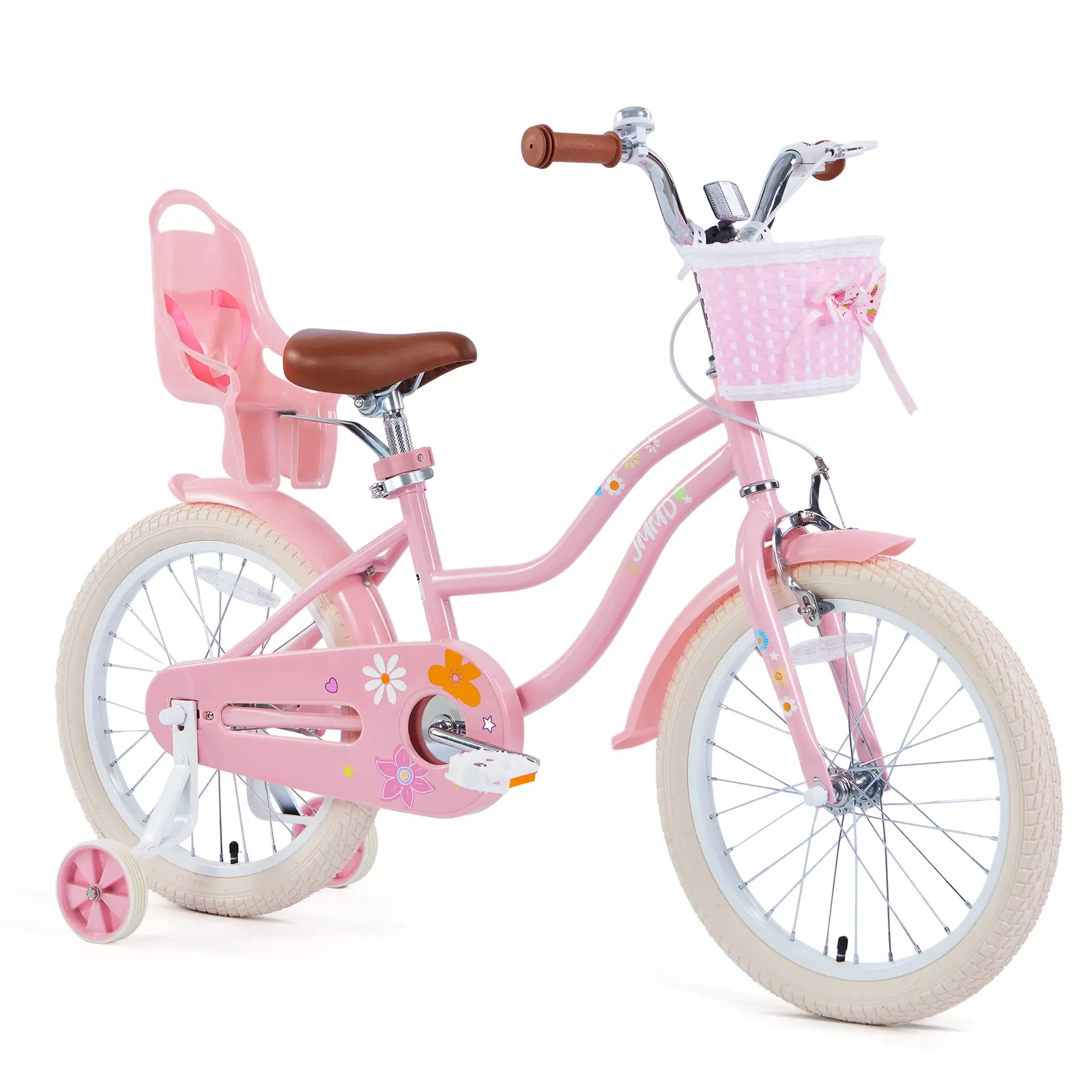 JMMD Durable Girls' Kids Bike (12-24in, 4-6 Years) - Steel Frame, Adjustable Parts, Training Wheels, Hand Brake, Coaster Brake, Kickstand Parking, Basket, Doll Seat, Fully Enclosed Chain Guard, Multiple Colors