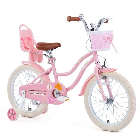 JMMD Durable Kid Girl Gifts Cute Playful Bike for 4-12 Years (12-24in) - Steel Frame, Adjustable Height Parts, Training Wheels, Hand Brake, Coaster Brake, Kickstand, Basket, Doll Seat, Fully Enclosed Chain Guard, Multiple Colors