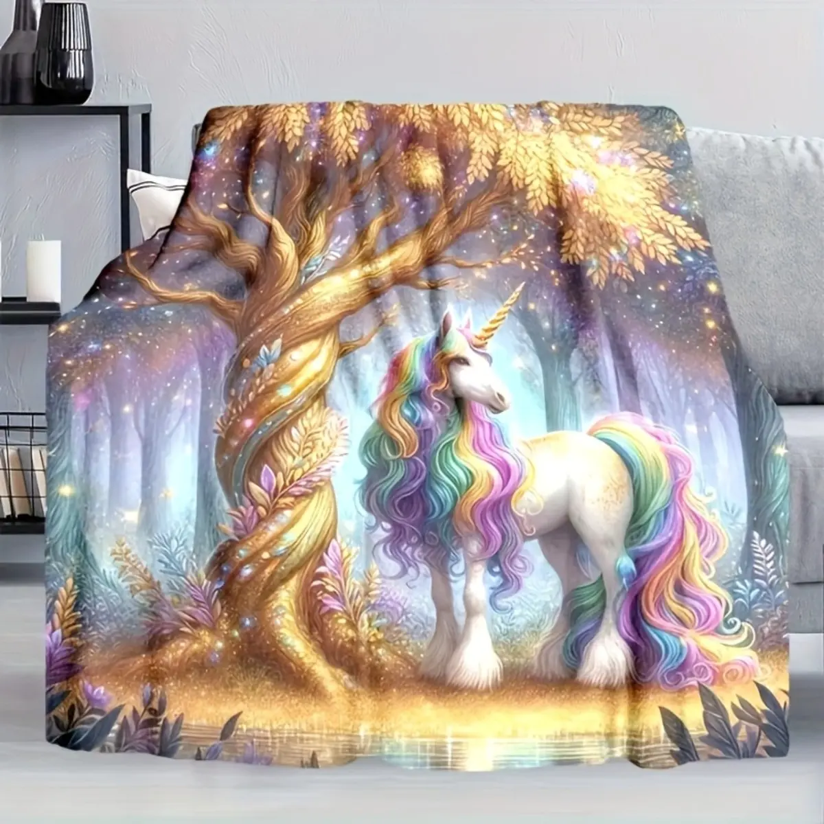 Flannel Throw Blanket, 100% Polyester Anime-Inspired with Magical Forest & Rainbow Mane Design, Soft Warm Stain-Resistant Microfiber Bedspread, 50x60in Compact Portable Bedding Accessory for Travel, Camping Gift