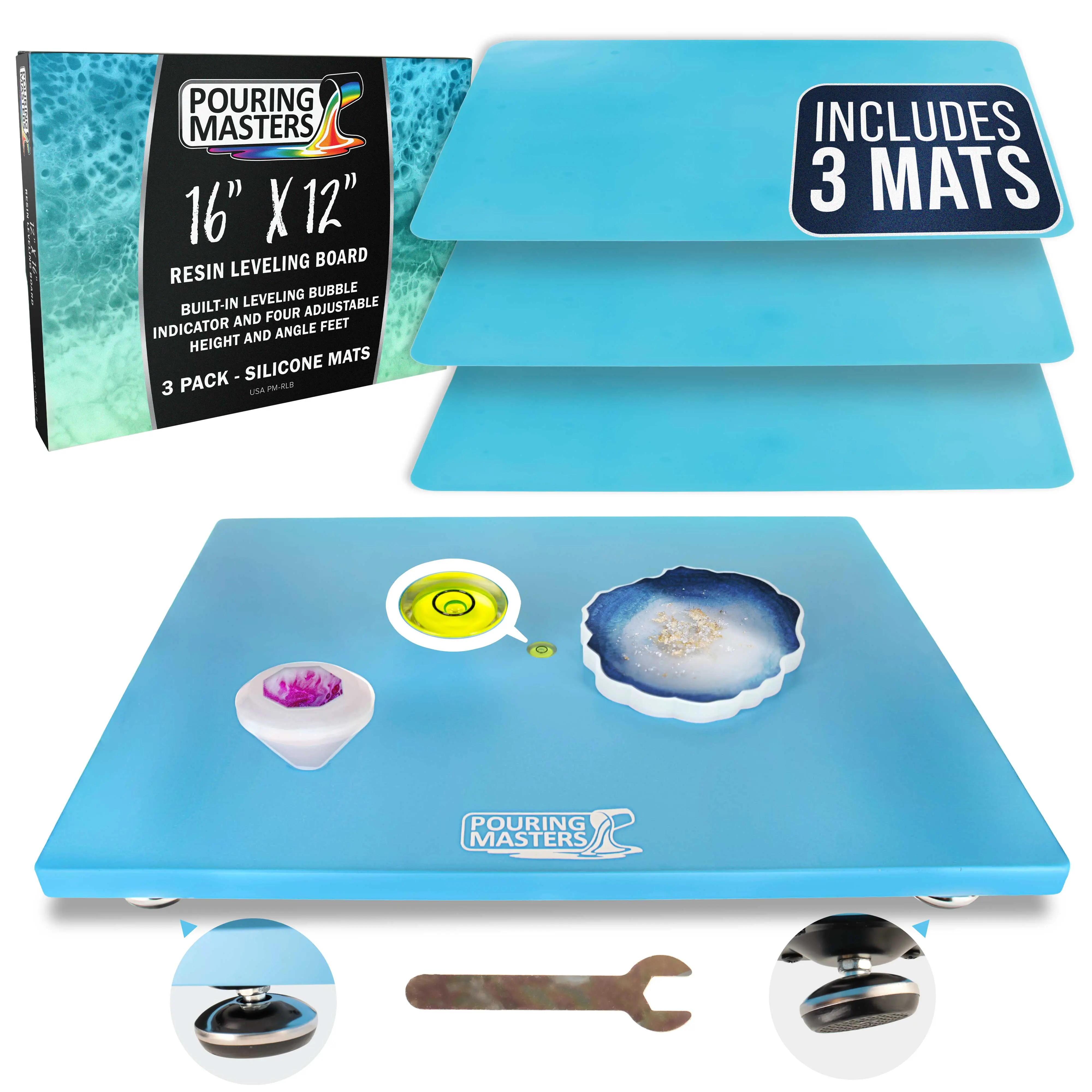 Pouring Masters Leveling Board for Epoxy Resin, 16" x 12", 3 Silicone Cover Mats - Adjustable Precision Leveling Table for Self-Leveling Resin, Acrylic Pouring Paint, Molds, Arts, Crafts Projects Tool