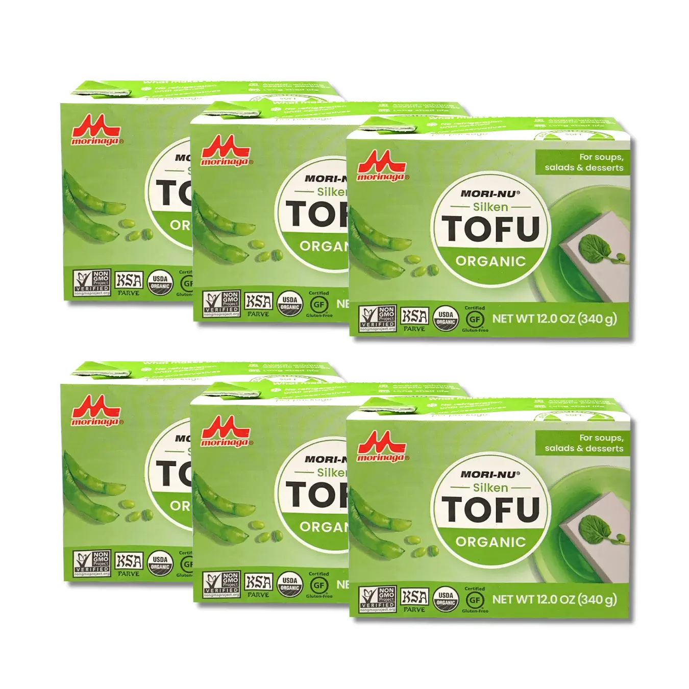 Morinaga Morinu Silken Tofu - 6 Packs (340g Each), USDA Certified Organic Soybeans, High Protein, Non-GMO, Healthy, Ambient Plant-Based Staple with Silky Texture for Soups, Stir-Fries