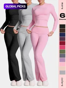 Women's two counts casual slim suit, including waist flared pants and long-sleeved tops, is soft and lightweight and can be worn outside, and Y2K style is matched with casual fashion, Womenswear Clothes