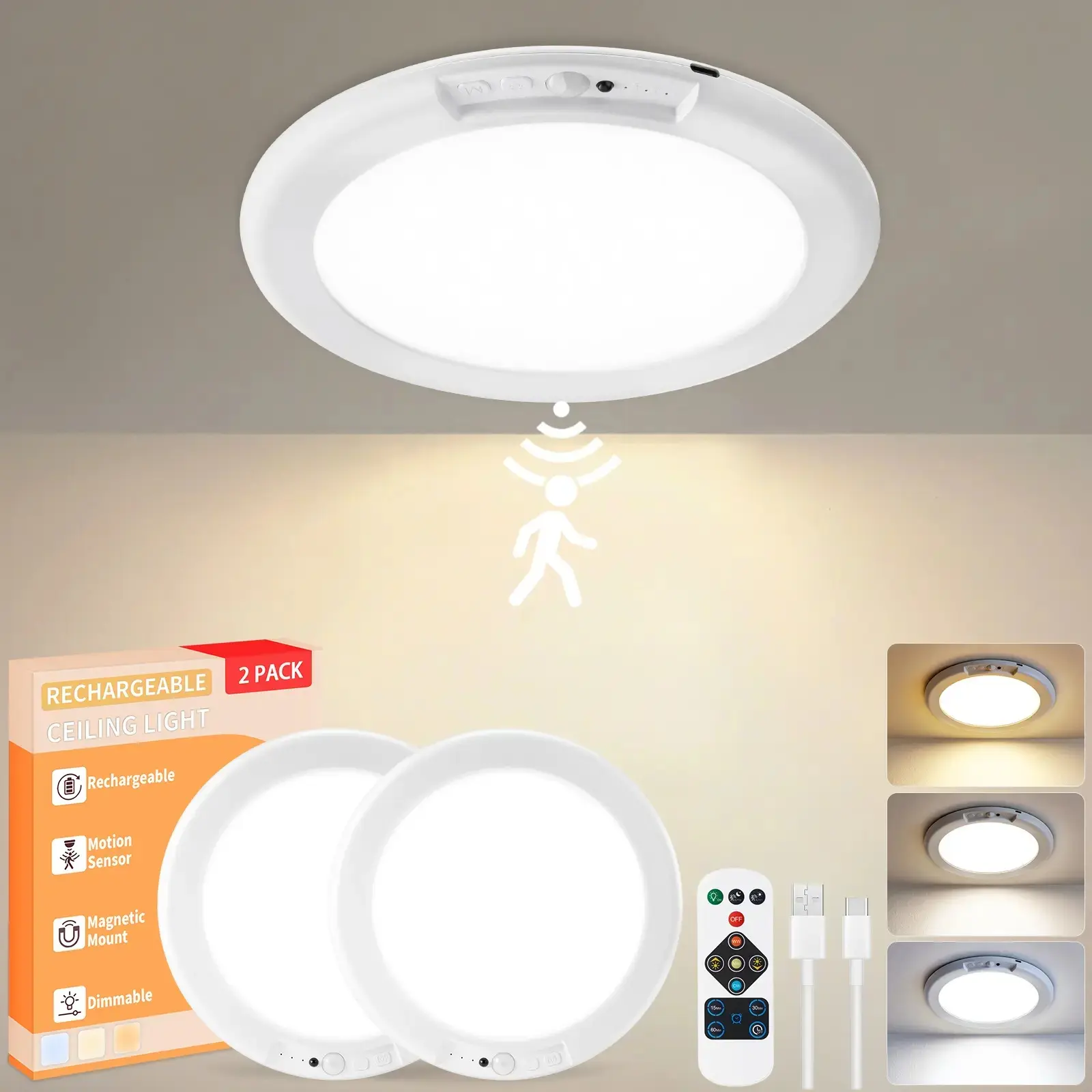 Battery-Powered Motion Sensor Indoor Ceiling Spot Light, Magnetic Rechargeable Wireless LED Lamp with Remote, Timer-Dimmable for Closet, Hallway