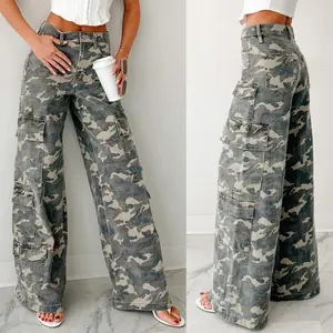 Women’s Casual Camouflage Workwear Straight-Leg Loose Old Jeans